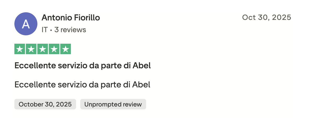 Recensione Trustpilot Spinogambino eccellente servizio di Abel