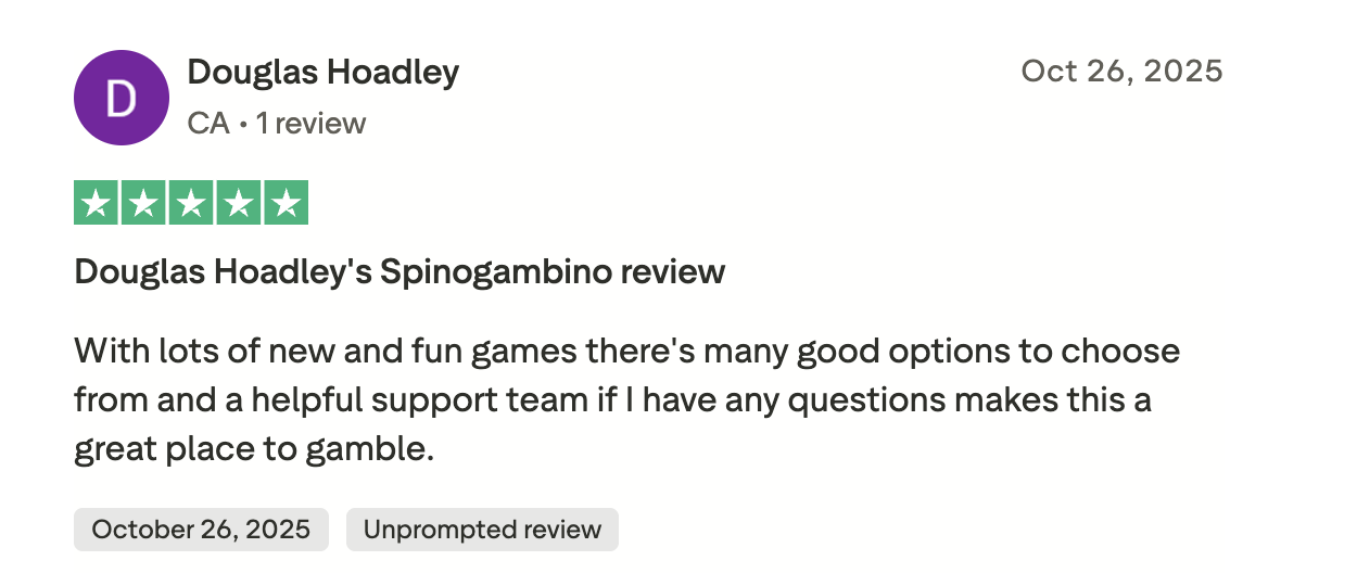 Recensione Trustpilot Spinogambino molti giochi team supporto utile